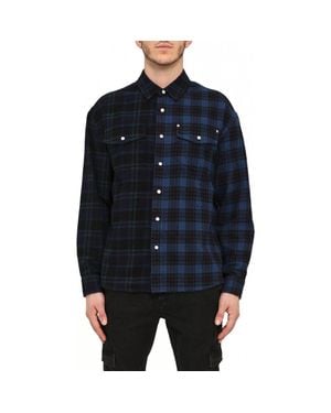 Purple Brand Dual Logo Plaid Long Sleeve Button-Up Shirt - Blue