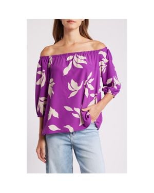Loveappella Floral Print Off The Shoulder Top - Purple