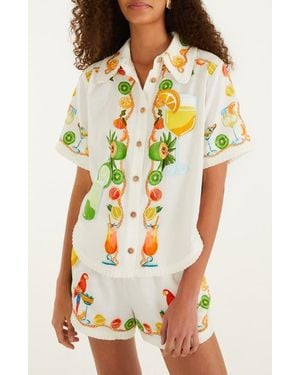 FARM Rio Biricutico Scarf Print Short Sleeve Linen Shirt - Yellow