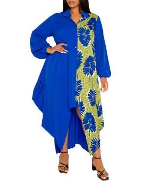 Buxom Couture Solid & Print Long Sleeve Asymmetric Maxi Shirtdress - Blue