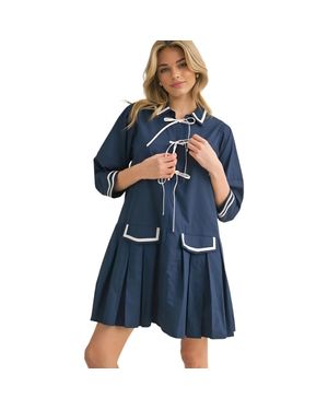 Knit & Lounge Pleated Contrast Trim Front Tie Mini Dress - Blue