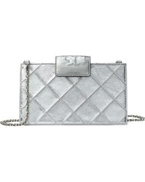Tory Burch Mini Fleming Quilted Leather Wallet On A Chain - Gray