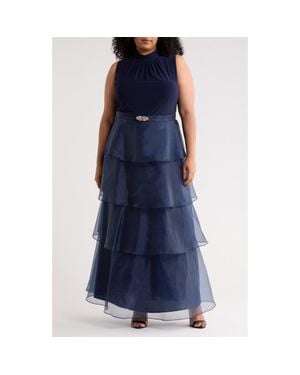 Jessica Howard Mixed Media Tiered Organza Gown - Blue