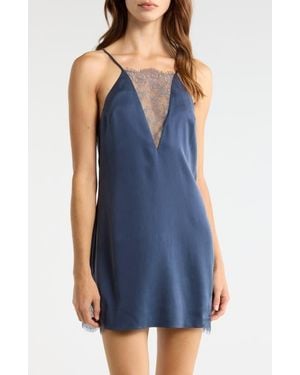 Lunya Lace Plunge Washable Silk Chemise - Blue
