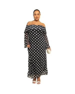FASHION-SZN CURVE Mesh Polka Dot Long Sleeve Midi Dress - Black