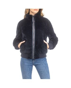 Gorski Reversible Grooved Genuine Shearling Insignia Bomber Jacket - Blue