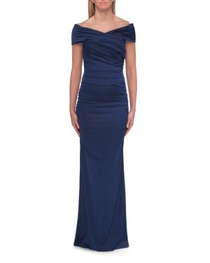 La Femme Off-The-Shoulder Ruched Satin Evening Gown - Blue
