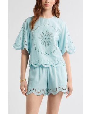Treasure & Bond Eyelet Linen Blend Top - Blue