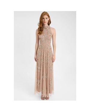 Beauut Embellished Sequin Beaded Maxi Dress With High Neckline With Sleeveless Design - Natural