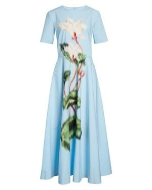 Oscar de la Renta Chiné Cyclamen Floral Poplin Midi Dress - Blue