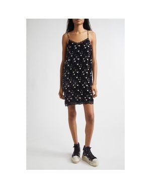 R13 Heart Print Lace Trim Crushed Velvet Slipdress - Black