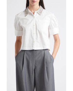 Toccin Zadie Rhinestone Collar Stretch Poplin Button-Up Shirt - White