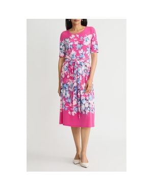 Kasper Floral Shirred Tie Belt Dress - Pink