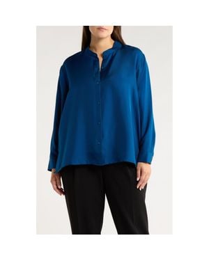 Eileen Fisher Mandarin Collar Silk Button-Up Shirt - Blue