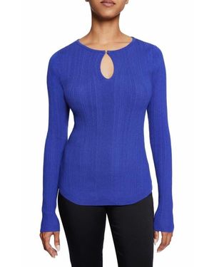Santorelli Charlene Ribbed Keyhole Knit Top - Blue