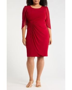 Connected Apparel Chiffon Sleeve Faux Wrap Dress - Red