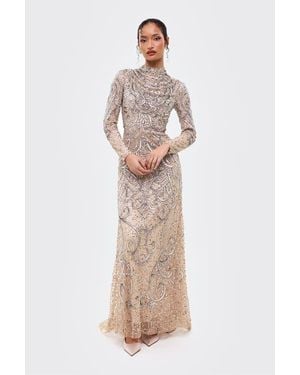 MARYISA Modest Cowl Embellished Sequins Maxi Dress - Natural