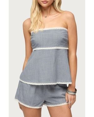Edikted Ellie Lace Gingham Strapless Top - Gray