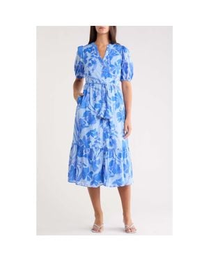 Sugarlips Veran Floral Button-Up Tiered Cotton Shirtdress - Blue