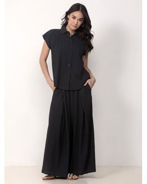 Single Stitch Button Front Shirt With Palazzo Pants Set - Blue