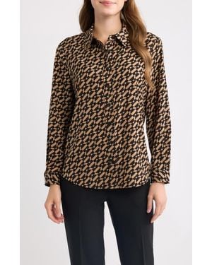 Anne Klein Printed Clean Front Shirt - Brown