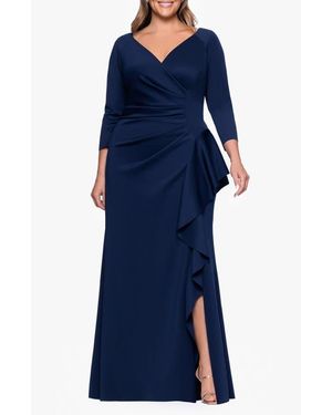 Xscape Evenings Ruched Scuba Knit Ruffle Gown - Blue