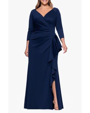 Xscape Evenings Ruched Scuba Knit Ruffle Gown - Blue