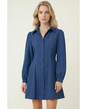 Modenaire Long-Sleeve Denim Contrast-Stitching Flared-Hem Shirt Dress - Blue