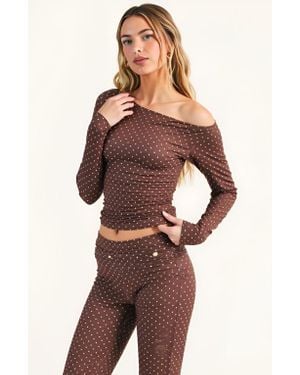 Modenaire Asymmetric Off-Shoulder Ruched Mini Polka Dot Print Top - Multicolor