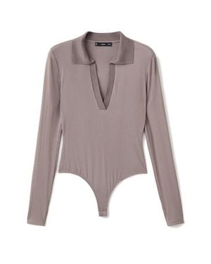 Mango Johnny Collar Long Sleeve Rib Bodysuit - Multicolor