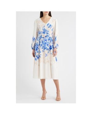 Tahari Placed Floral Long Sleeve Dress - Blue