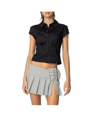 Edikted Massie Cap Sleeve Stretch Cotton Button-Up Shirt - Black