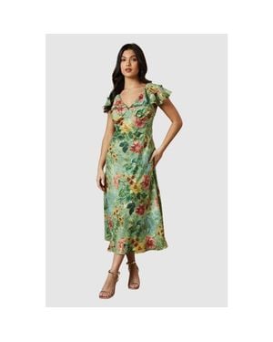 Oasis Floral Satin Burnout Ruffle Midi Dress - Green
