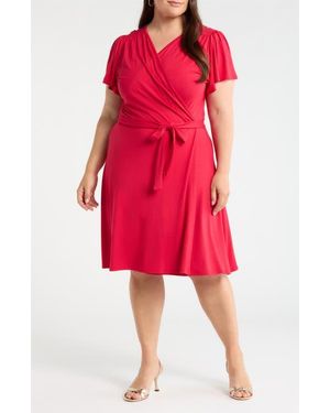 Loveappella Flutter Sleeve Faux Wrap Jersey Dress - Red