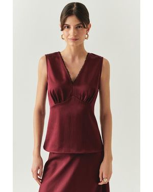 Exquise Galilea V Neck Satin Look Blouse - Red