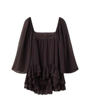 Mango Bead Embellished Ruffle Tiered Tunic Top - Black