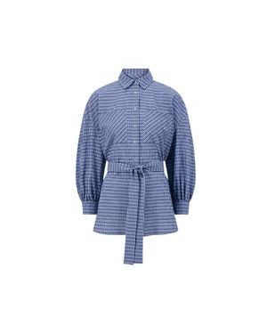 Lela Rose Checked Seersucker Button Down Shirt - Blue