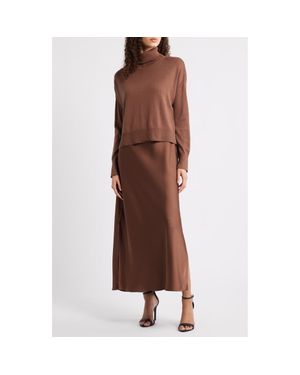 Halogen® Turtleneck Sweater & Satin Slipdress Set - Brown
