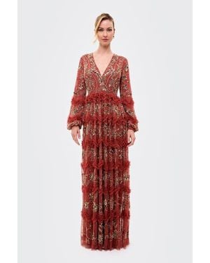 Beauut Embellished Sequins Maxi Ruffle Dress - Red