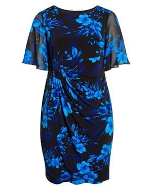 Connected Apparel Floral Side Ruched Faux Wrap Dress - Blue
