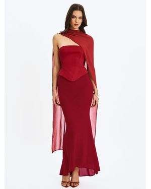 Miss Circle Giselle Peplum Mermaid Gown With Chiffon Scarf - Red
