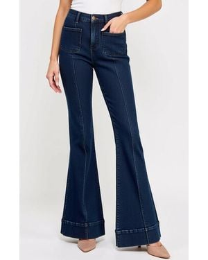 Modenaire High Waist Flare Jeans With Cuffed Hem And Front Patch Pockets - Blue