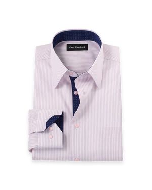 Paul Fredrick Cotton Point Collar Poplin Tailored Contrast Trim Button Cuff Long Sleeve - Blue