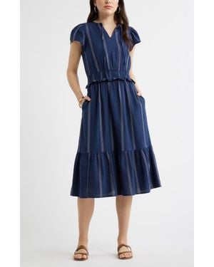 Caslon Puff Sleeve Frill Flared Midi Dress - Blue