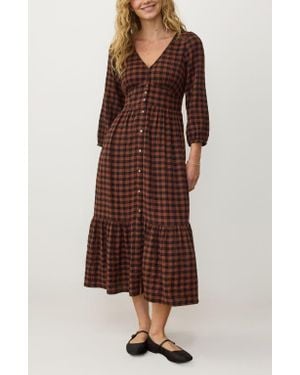 Marine Layer Maeve Plaid Long Sleeve Maxi Dress - Brown