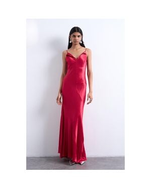 TOPSHOP Folded Neck Satin Slip Maxi Dress - Red