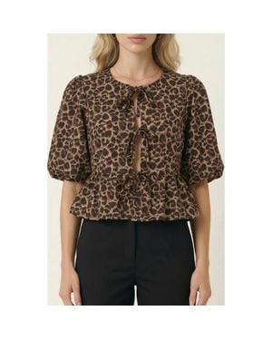 Modenaire Peplum Top With Front Tie Closures And Short Puff Sleeves - Brown
