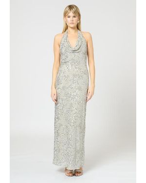 Beauut Embellished Sequin Beaded Maxi Dress With V Cowl Neck - White