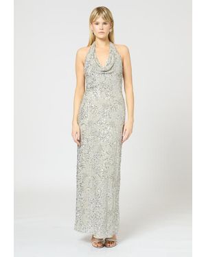 Beauut Embellished Sequin Beaded Maxi Dress With V Cowl Neck - White