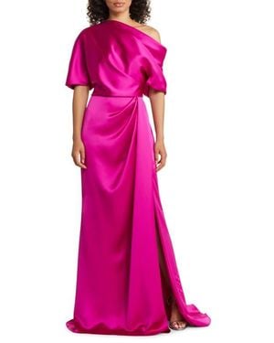 Amsale Gathered One-Shoulder Satin Gown - Pink